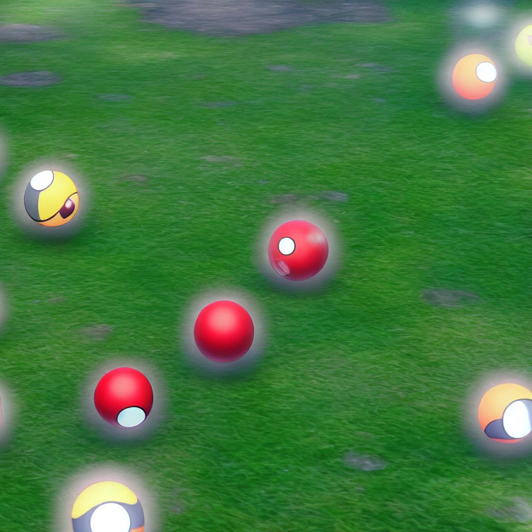 Assorted Poké Balls on Grass Field Displayed