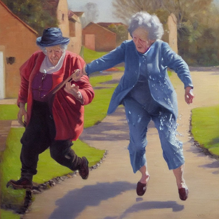 Elderly women in red and blue running on sunny street