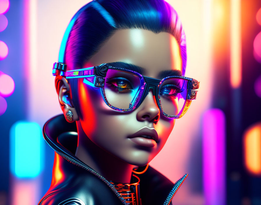 Futuristic female character with blue hair and stylish glasses in neon lights