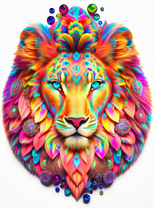 Colorful Lion Art with Feathers and Bubbles