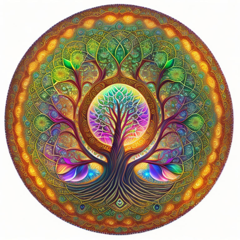 Colorful Tree Artwork on Mandala Background