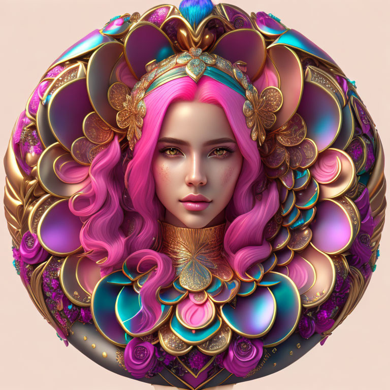 Symmetrical digital artwork: Woman with pink hair, ornate golden design.