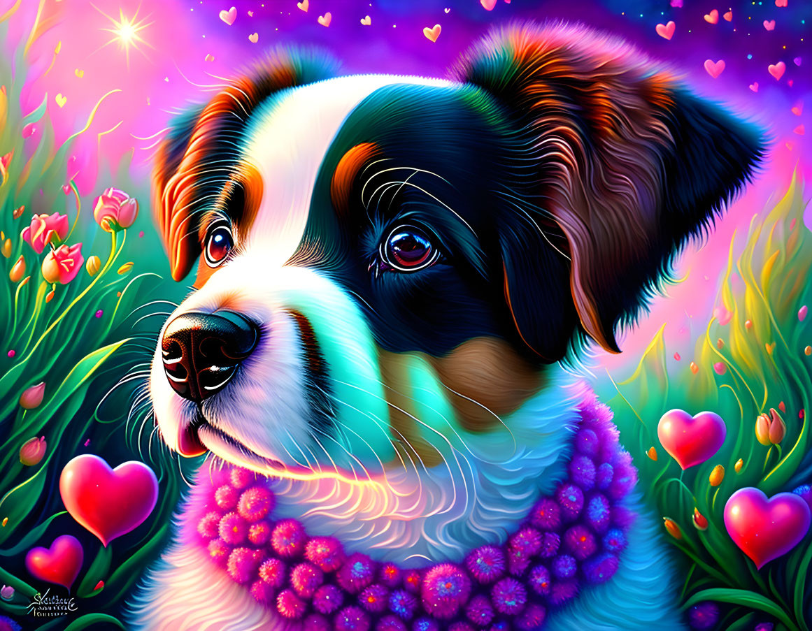 Colorful digital dog illustration in vibrant garden setting