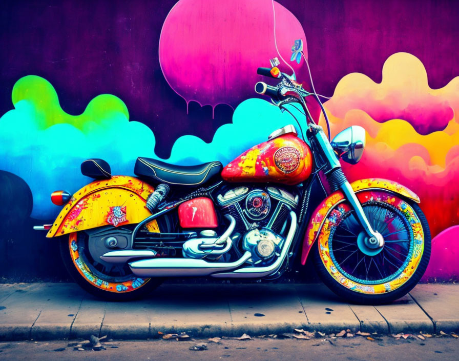 Colorful Graffiti Wall Background with Intricately Painted Motorcycle