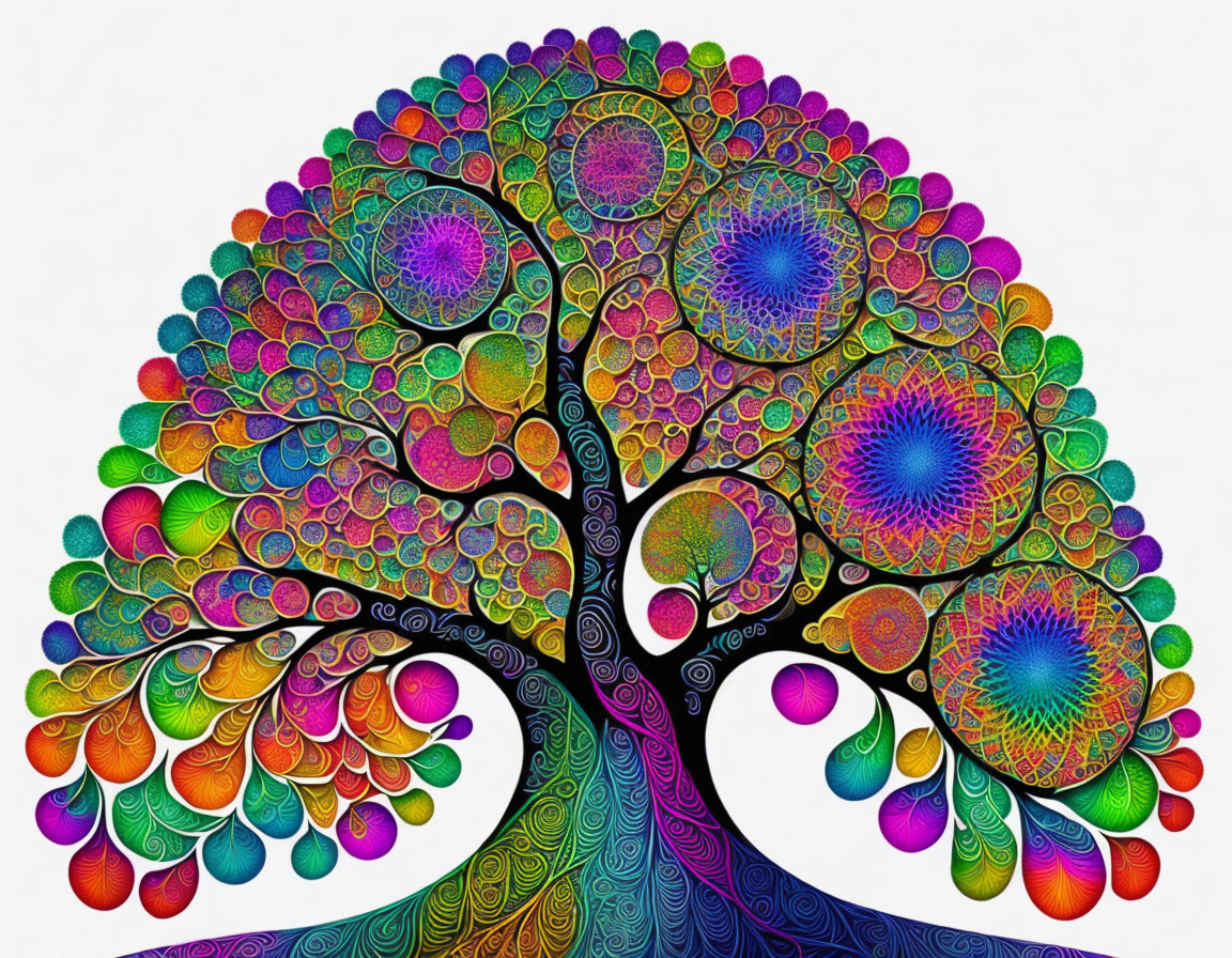 Colorful Tree with Circular Designs on Foliage and Trunk on White Background