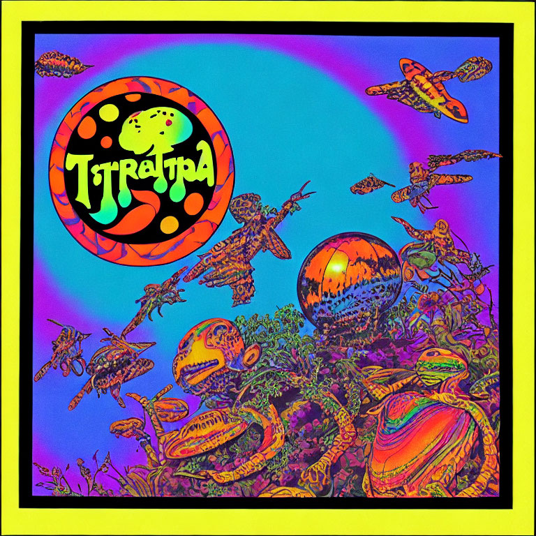 Colorful psychedelic art: Turtle creatures, moon, "Turtles" logo in alien font on cosmic