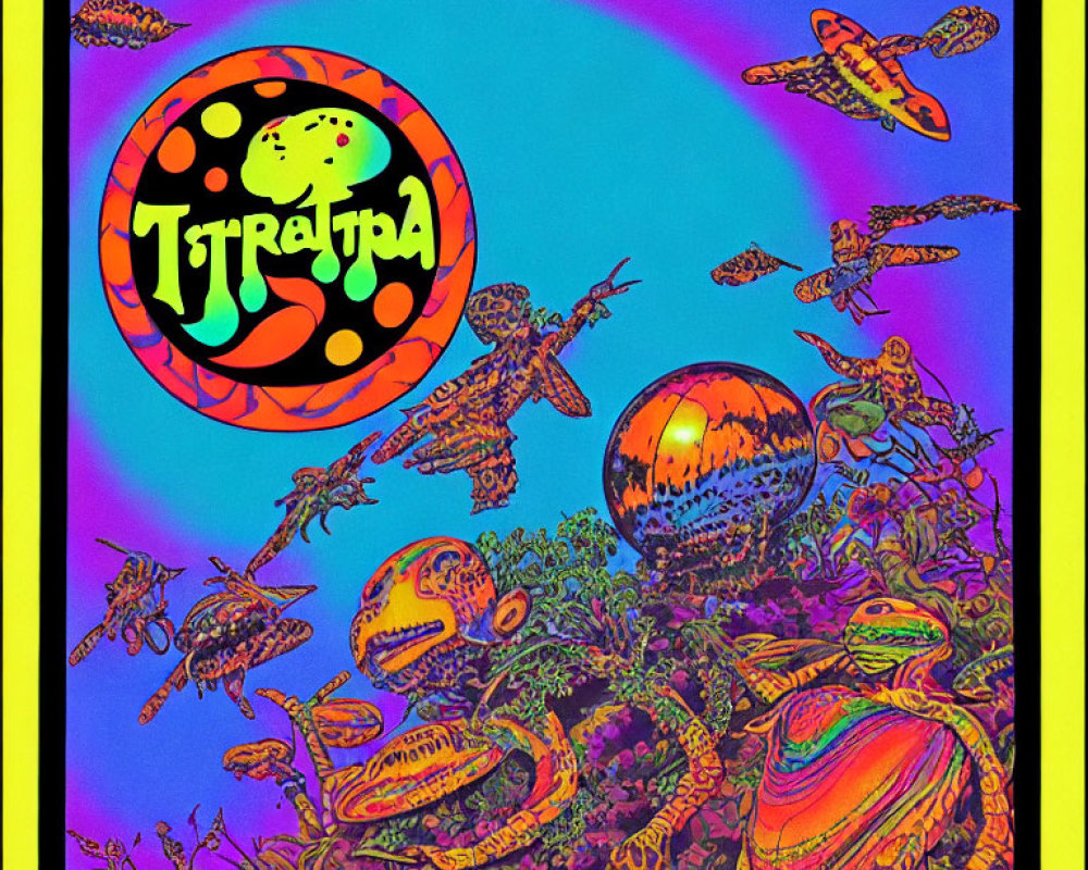 Colorful psychedelic art: Turtle creatures, moon, "Turtles" logo in alien font on cosmic