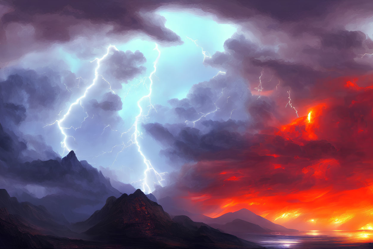 Dramatic landscape with lightning in fiery sky over dark mountains