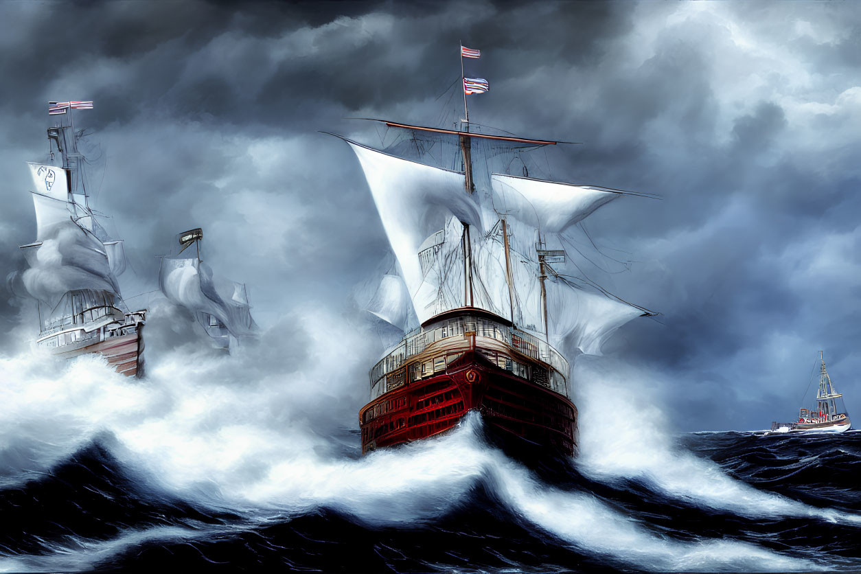 Dramatic maritime scene: Tall ships on stormy seas