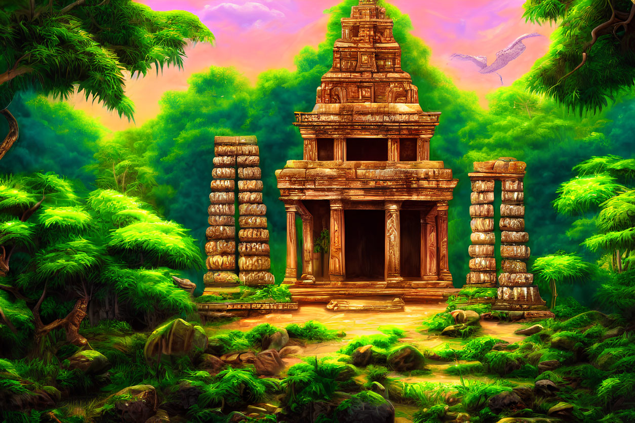 Colorful Jungle Temple Scene with Overgrown Trees and Flying Bird