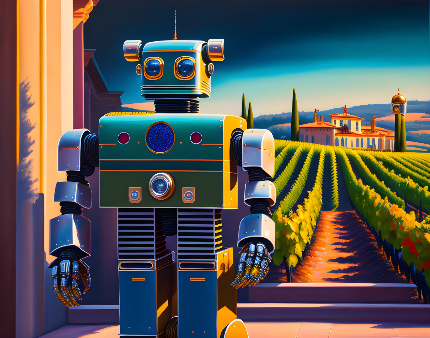 Colorful Illustration: Friendly Robot in Vineyard Sunset Landscape