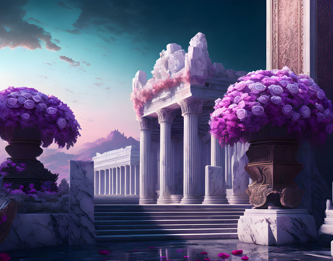 Purple Flora, Marble Columns, Stairs, and Pavilion in Fantasy Landscape