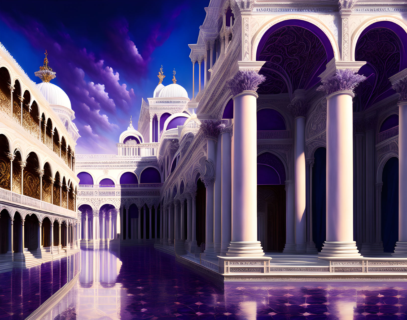 Opulent palace with ornate arches, domes, and columns at twilight