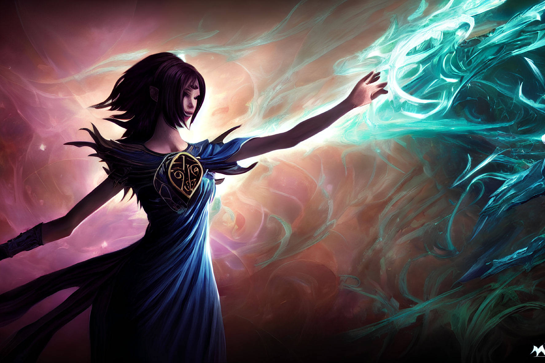 Female figure in blue dress with golden emblem conjures glowing blue energy swirl.