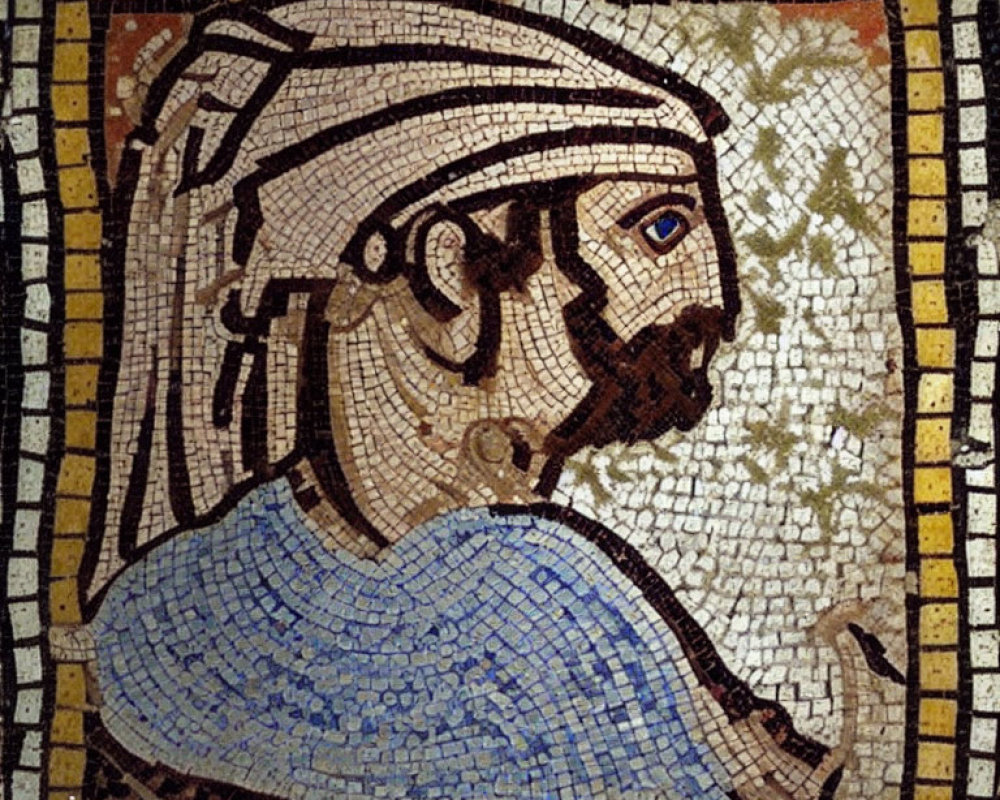 Ancient mosaic of a bearded man in blue clothing