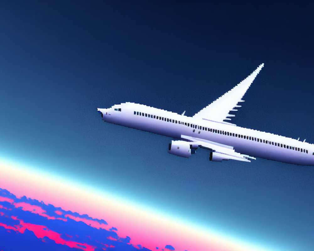 High-altitude airliner with Earth's curvature and colorful sky view.