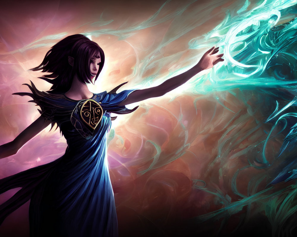 Female figure in blue dress with golden emblem conjures glowing blue energy swirl.