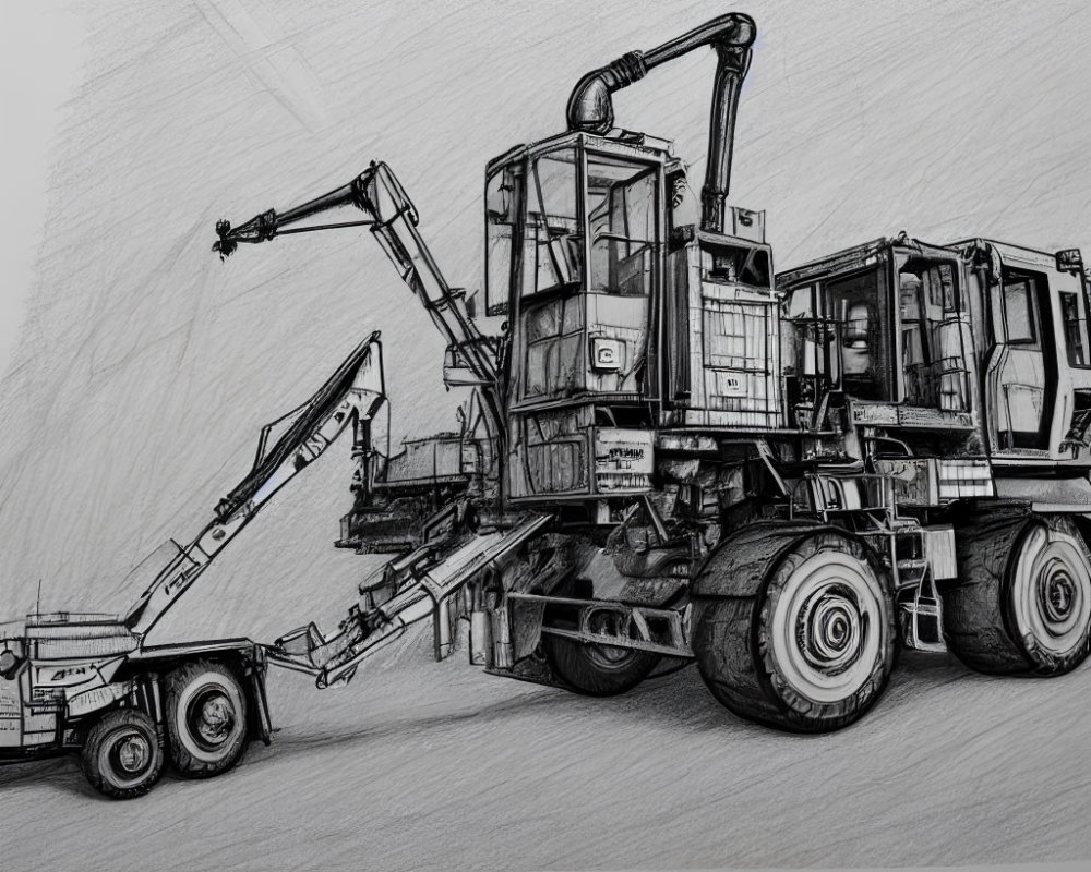 Detailed Pencil Sketch of Logging Truck with Crane Arm and Trailer on Textured Background