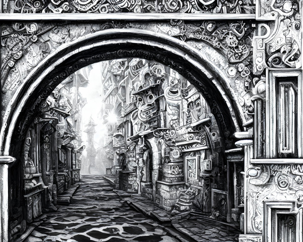 Detailed black and white illustration of ornate archway and medieval buildings