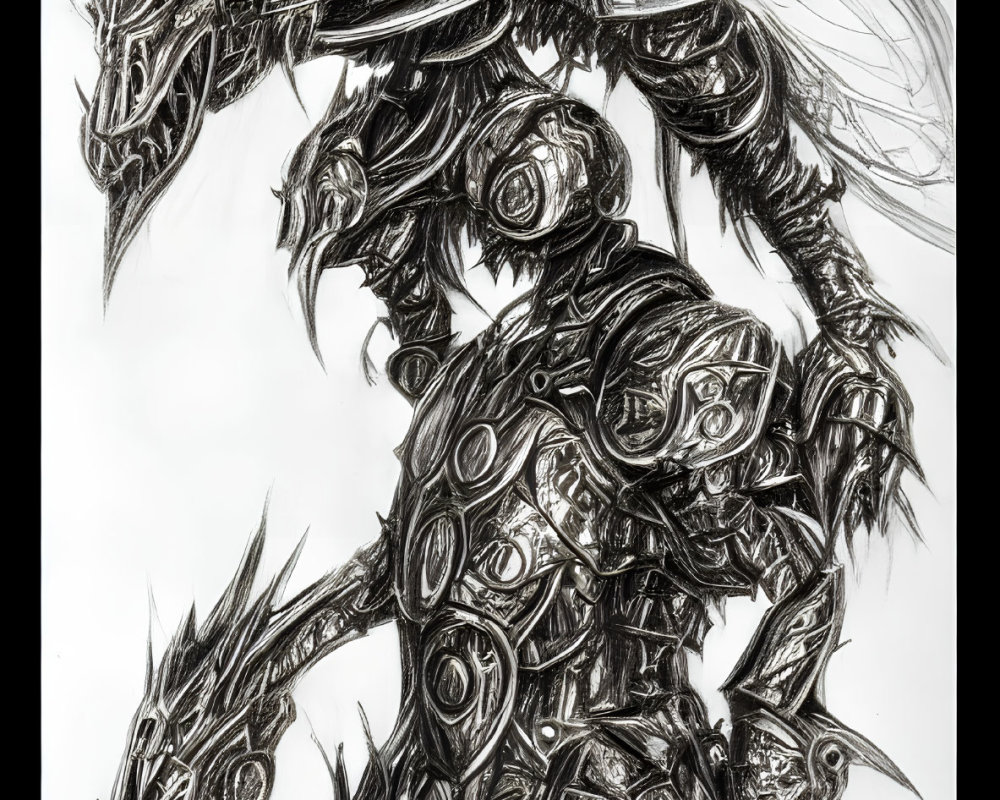 Detailed black and white sketch of character in dragon-like armor with dragon head helmet.