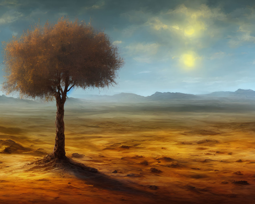 Solitary tree with amber leaves in desolate landscape under hazy sky