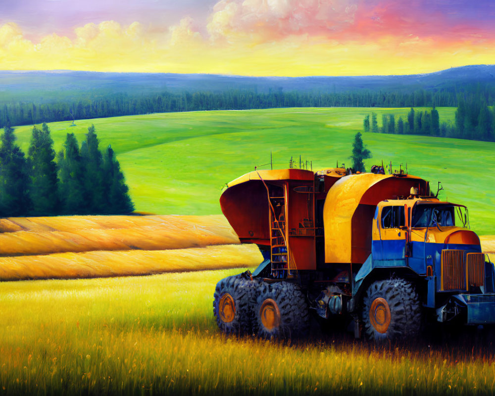 Colorful rural landscape painting at sunset with tractor and grain trailers.