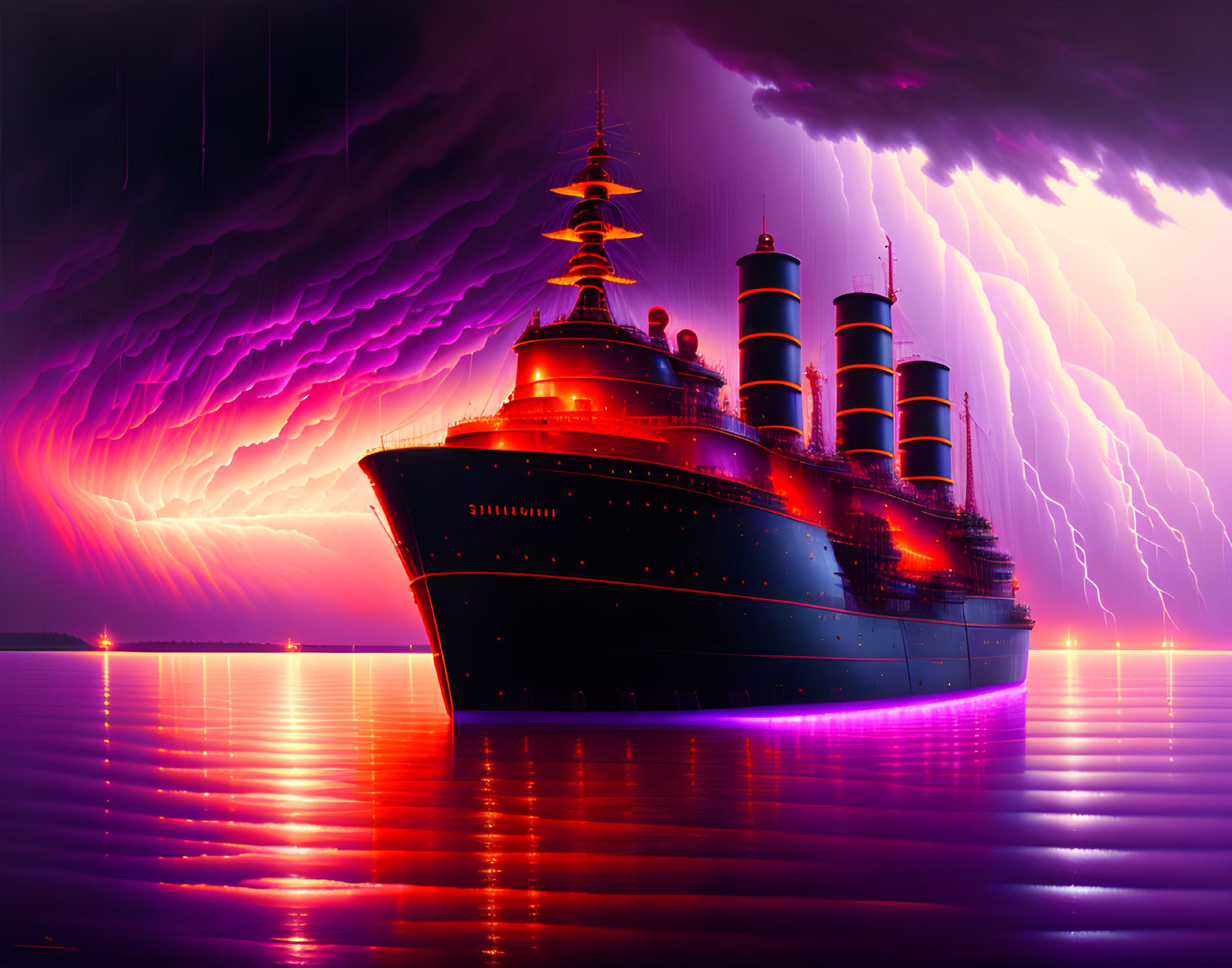 Retro-futuristic battleship under purple sky with lightning reflections