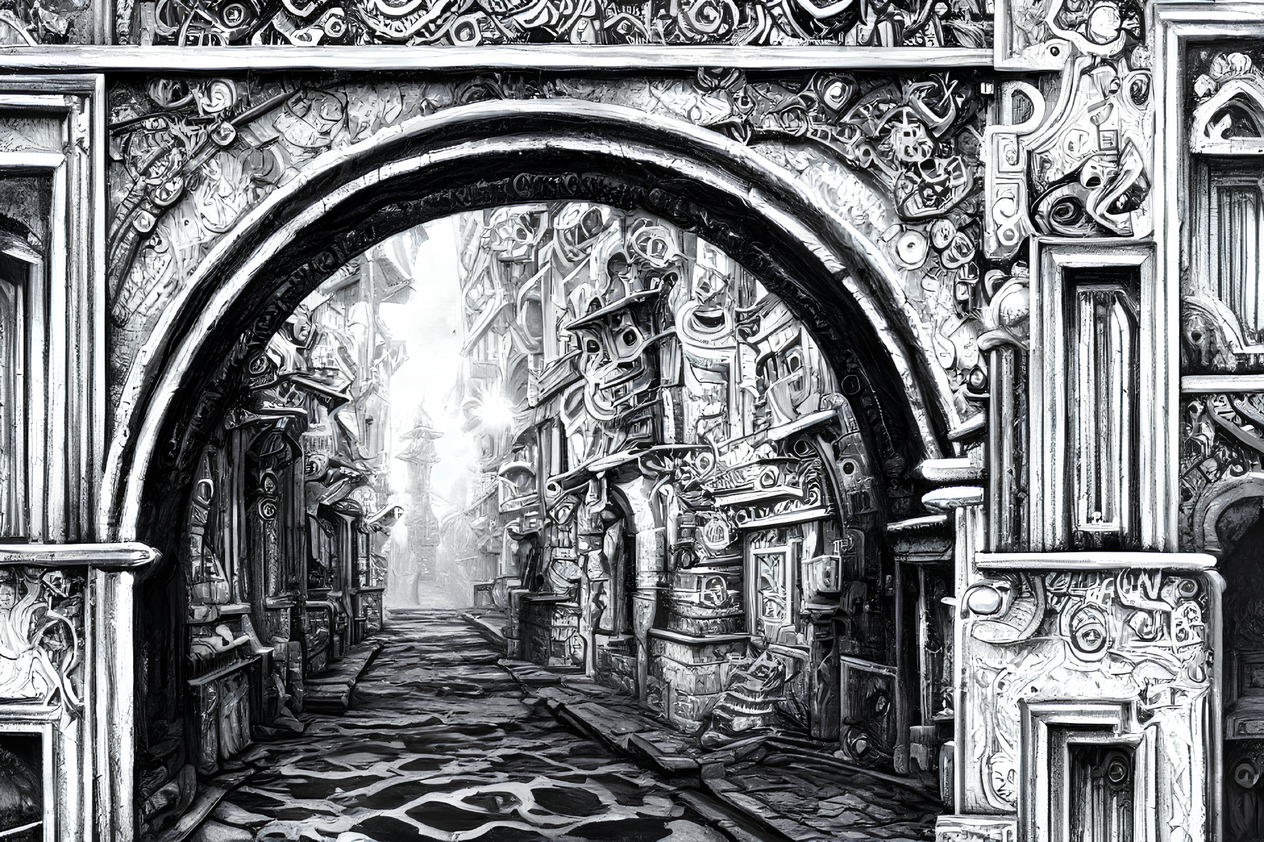 Detailed black and white illustration of ornate archway and medieval buildings