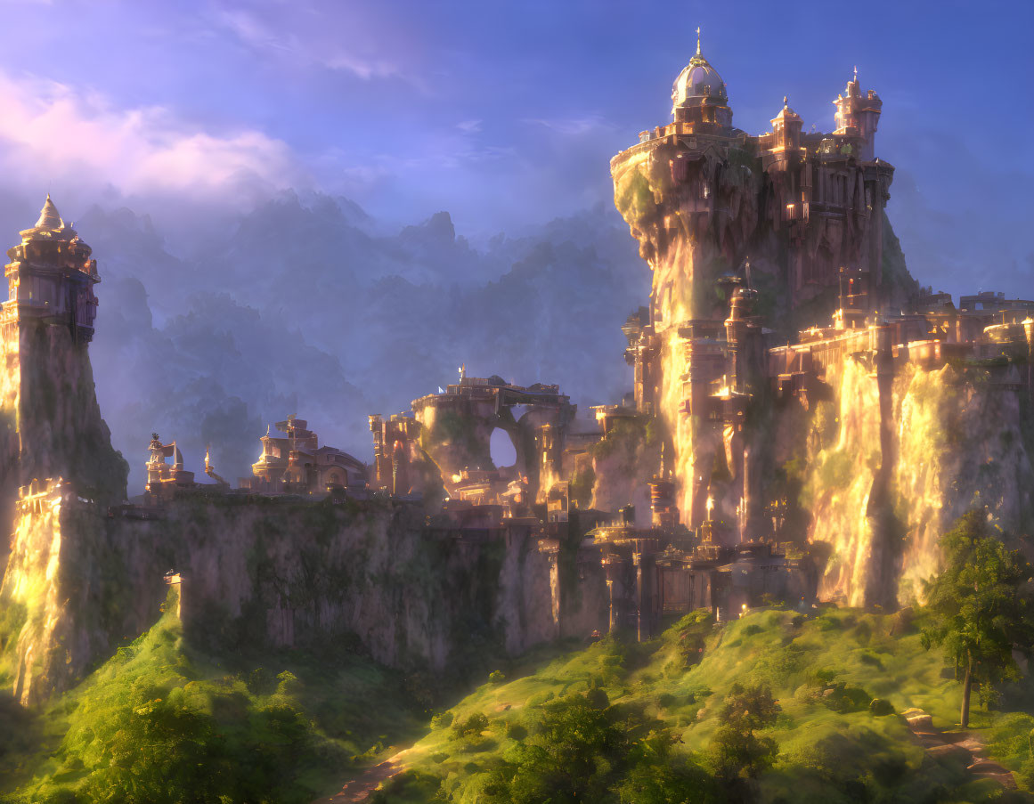 Fantasy castle on cliff in golden sunlight surrounded by greenery