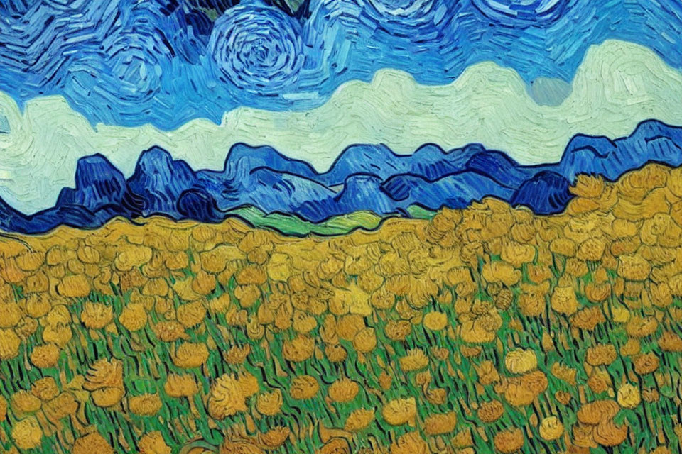 Vibrant yellow flowers under swirling night sky in post-impressionistic painting