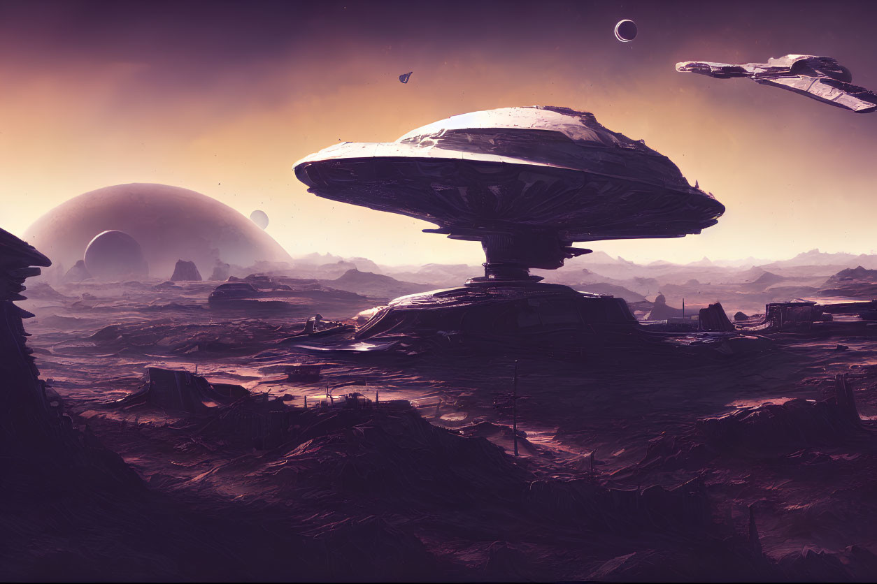 Alien landscape with rock formations, saucer-shaped structure, and hovering spaceships