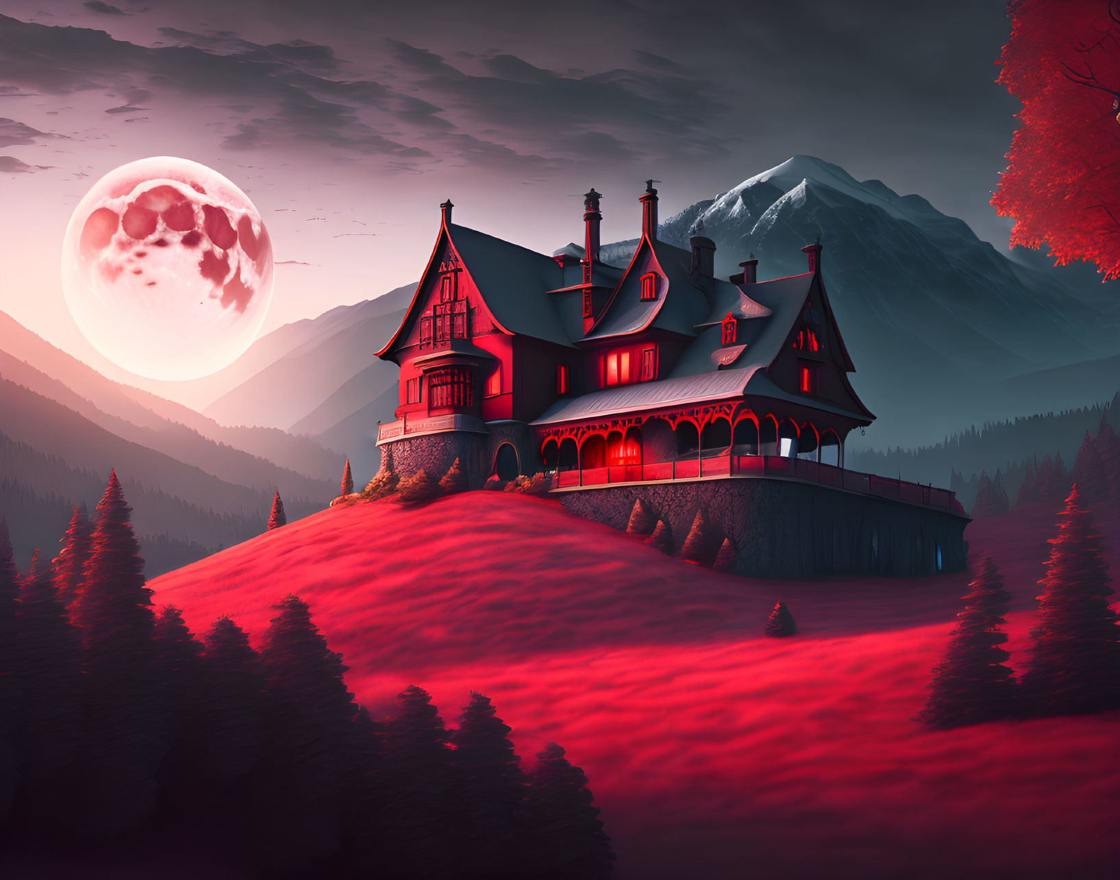 Victorian-style mansion on hill under full moon with crimson forest and mountains in surreal red twilight