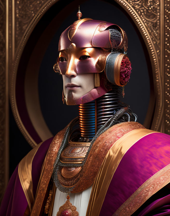 Metallic-faced humanoid robot in ornate headdress, dressed in purple and gold traditional outfit before gold