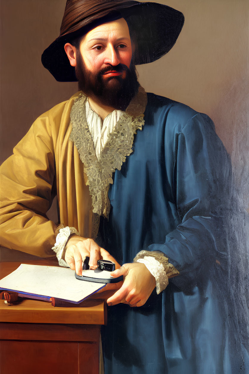 Historical painting of bearded man in wide-brimmed hat by desk with quill and book