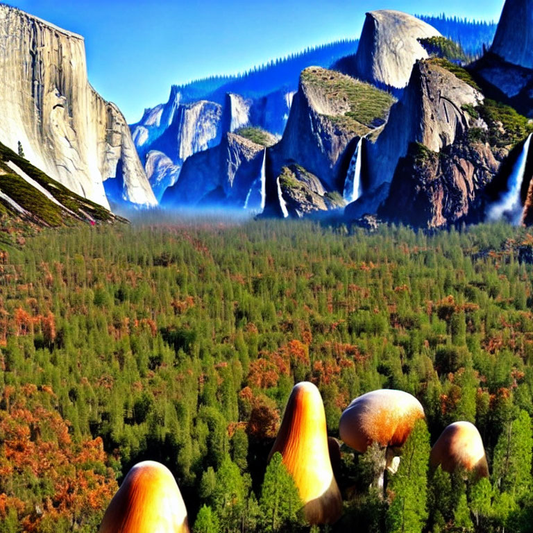 Surreal landscape with oversized mushrooms and Yosemite cliffs