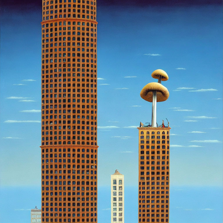 Surreal tall orange buildings with mushroom cloud-like top and blue sky