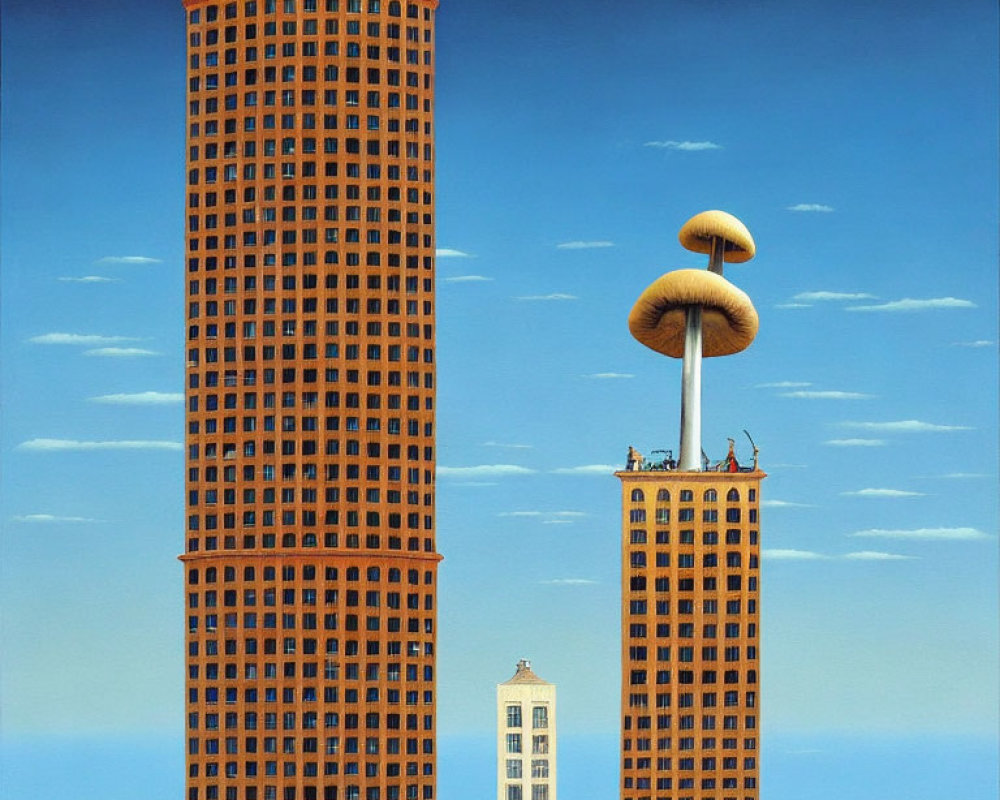 Surreal tall orange buildings with mushroom cloud-like top and blue sky