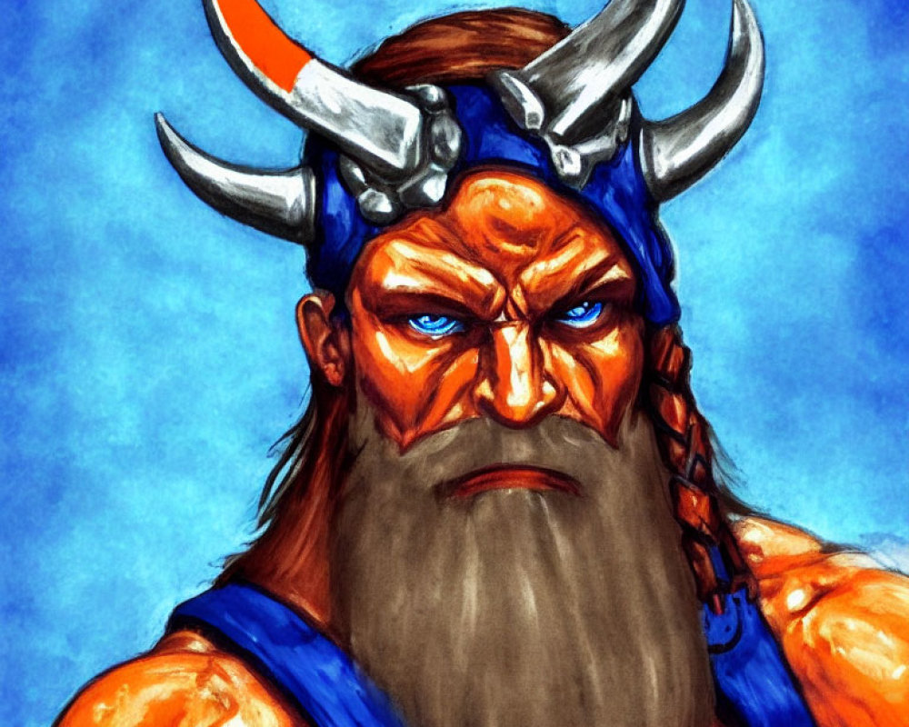 Muscular, Bearded Man in Horned Helmet on Blue Background