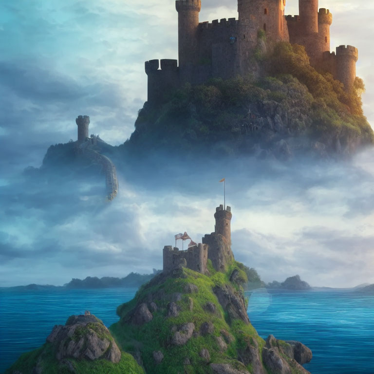 Moss-covered castle on rocky islands at dawn