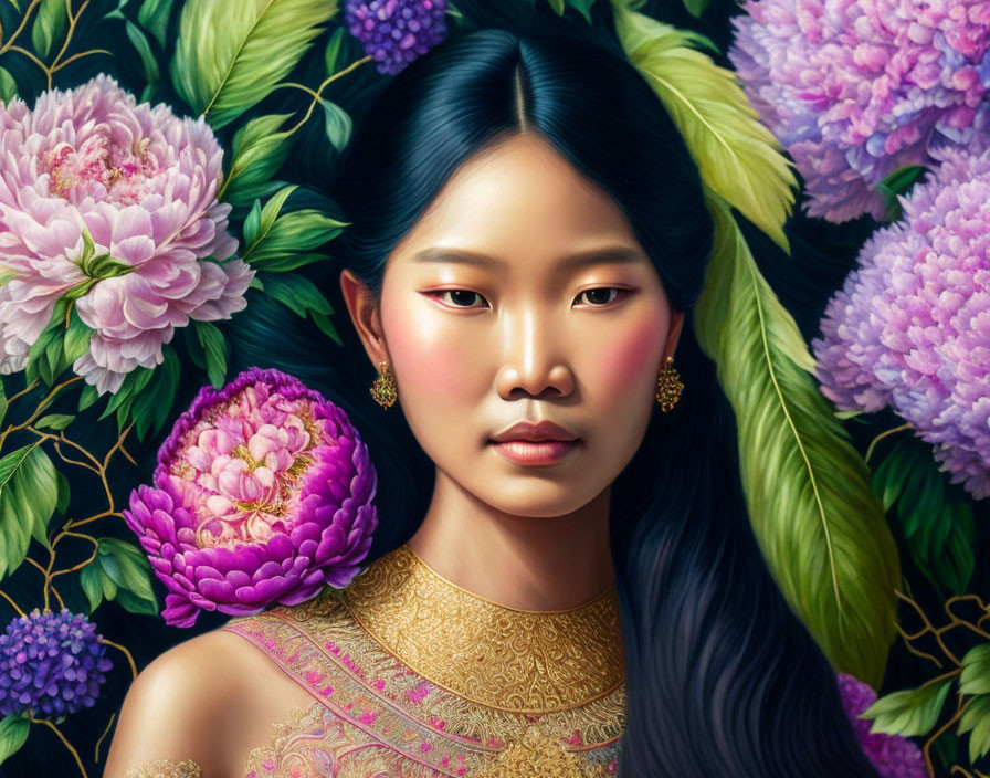 Portrait of Woman with Gold Choker Surrounded by Pink and Purple Peonies