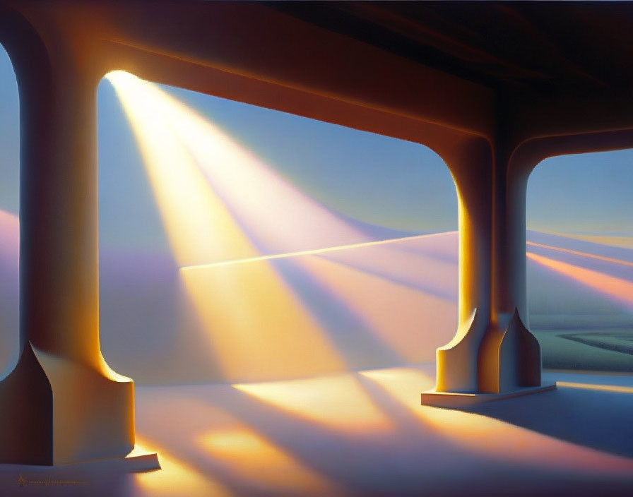 Surreal painting: Architectural pillars in golden sunlight