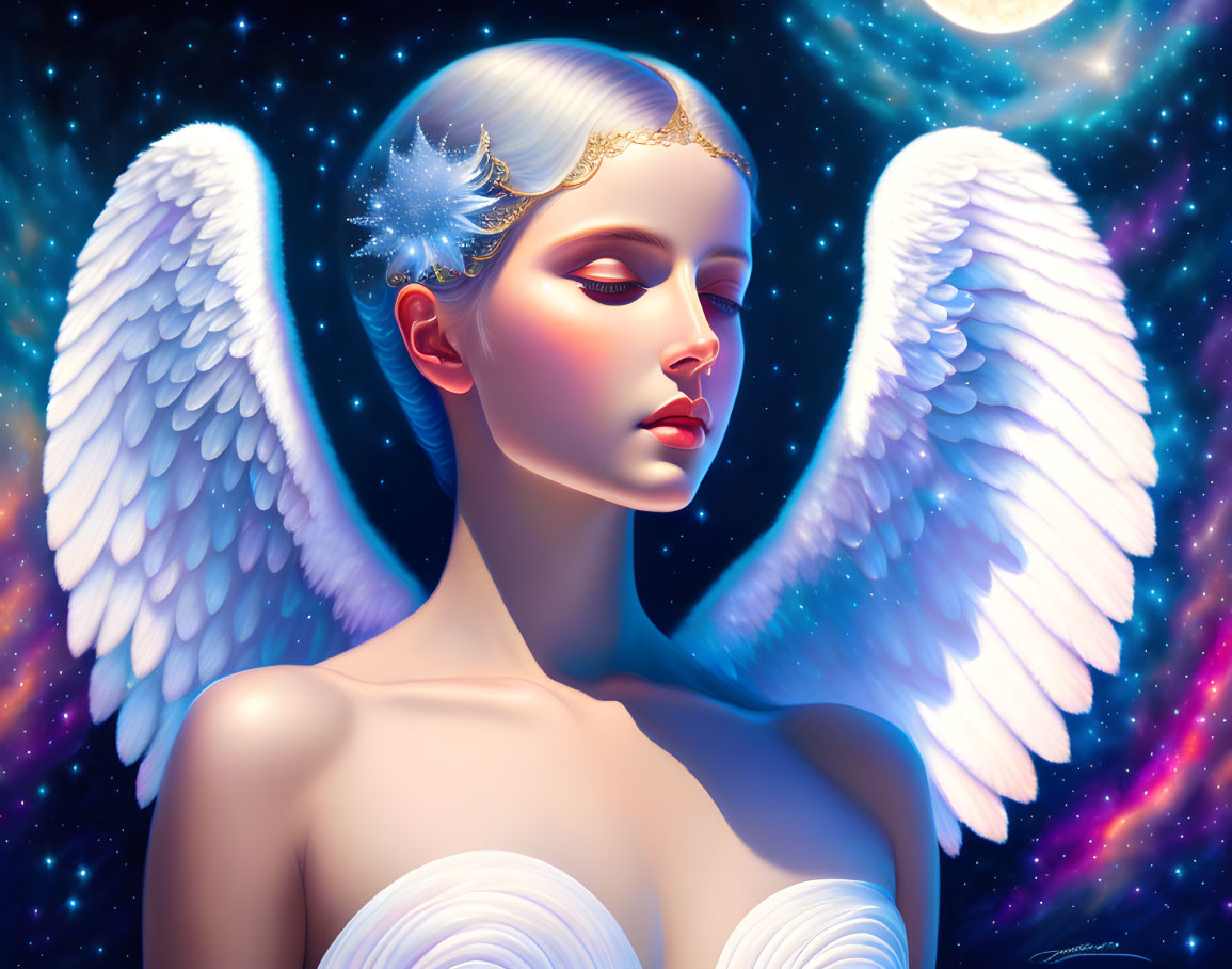 White-winged angel with golden tiara in cosmic setting