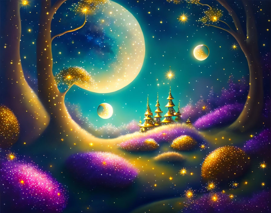 Enchanting night landscape with sparkling hills and glowing trees