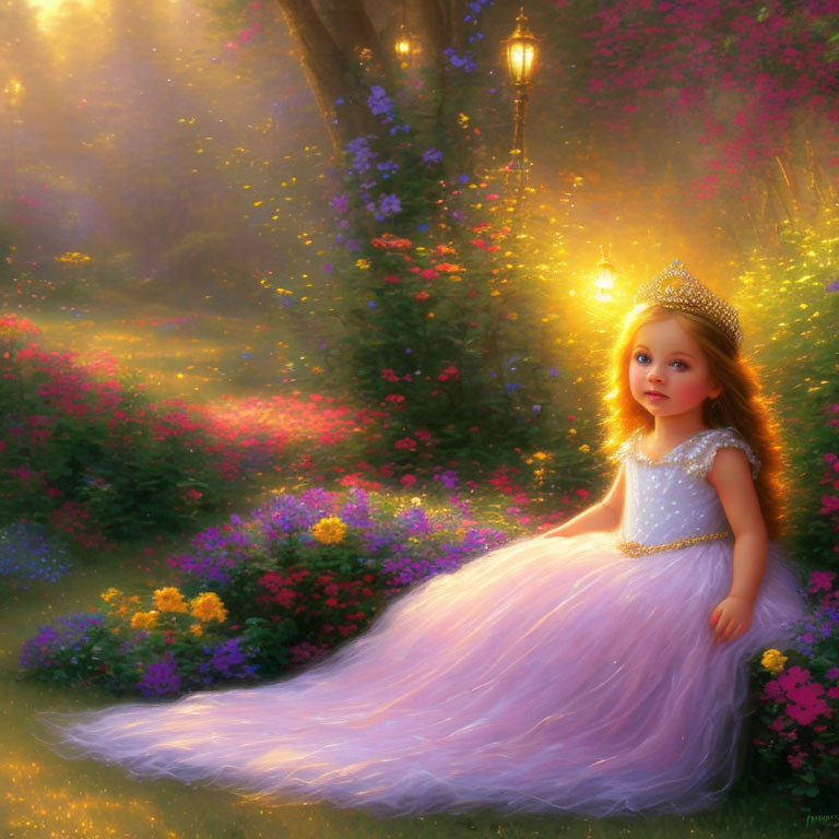 Young girl in tiara and pink dress in flower-filled setting with lantern