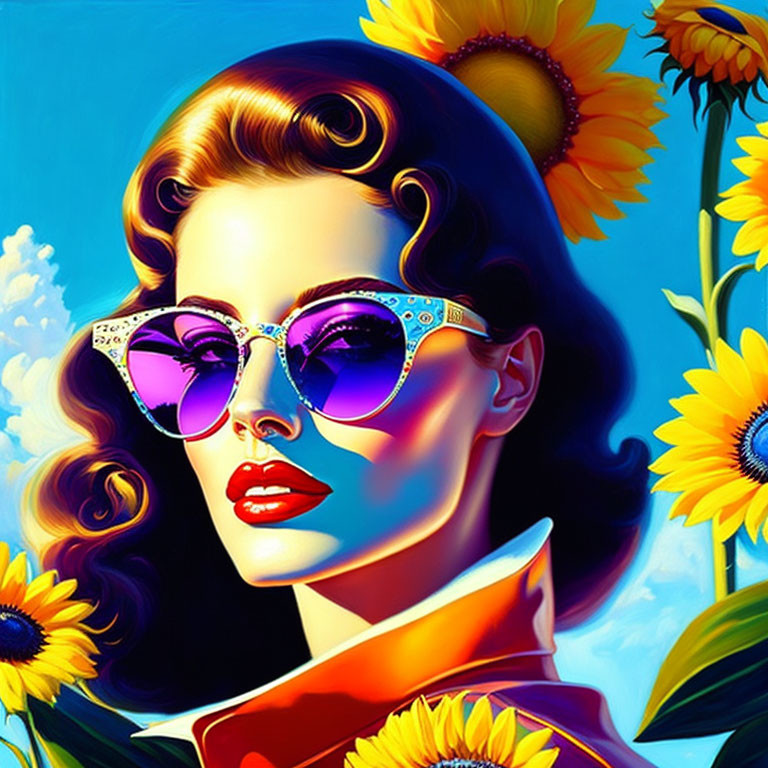 Vibrant portrait of a woman with wavy hair and sunglasses among sunflowers