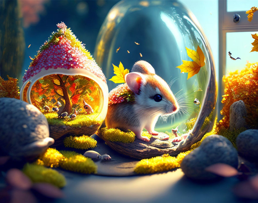 Whimsical mouse observing glowing tree in bubble with autumn leaves