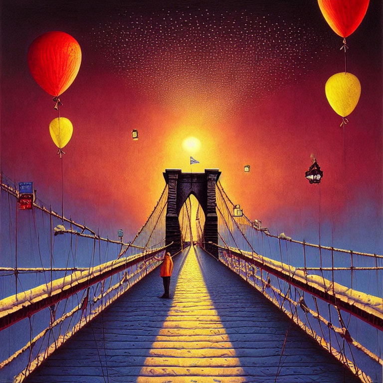 Whimsical painting of person on bridge with yellow balloons, floating ship, starry sky