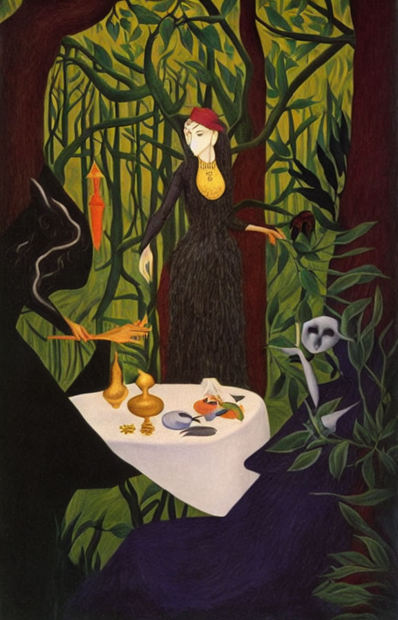 Surreal artwork of woman in black dress with creature in dark jungle