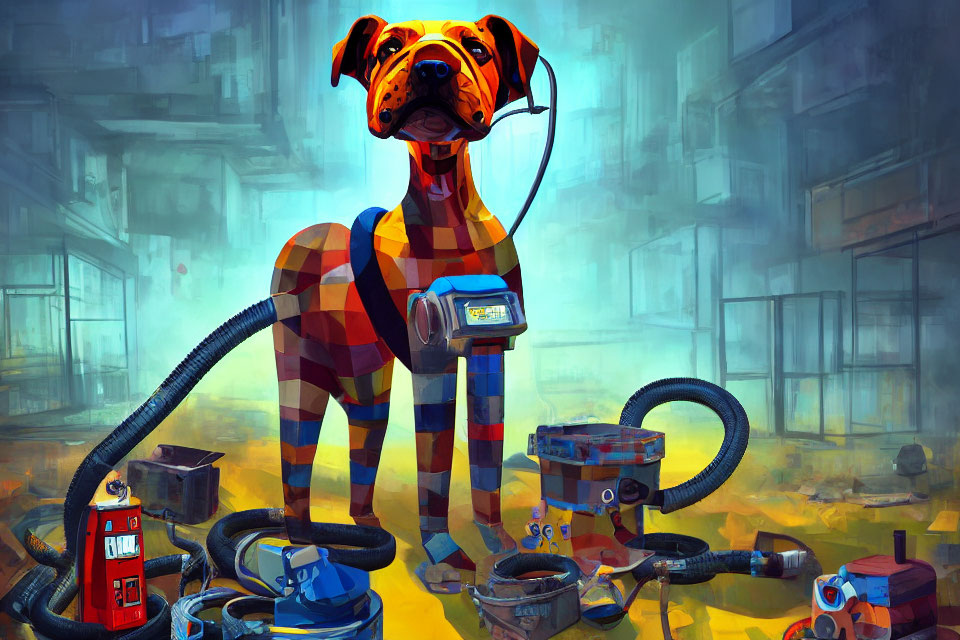 Colorful Checkered Pattern Large Dog in Futuristic Tech Setting