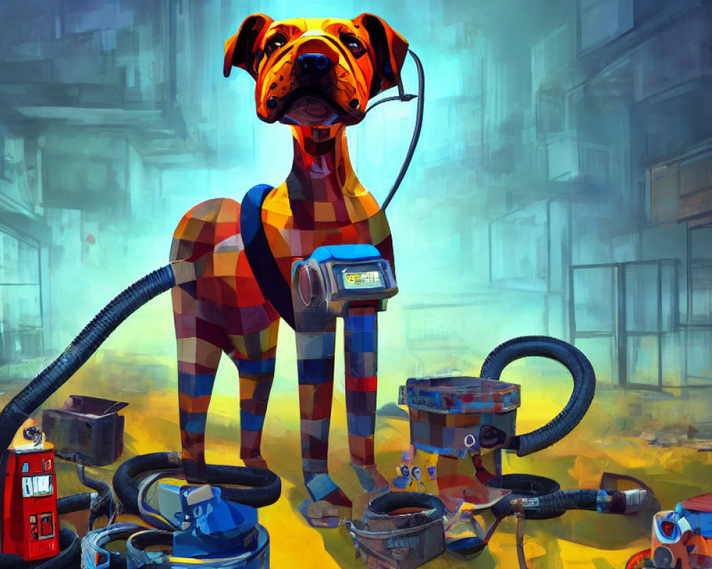 Colorful Checkered Pattern Large Dog in Futuristic Tech Setting